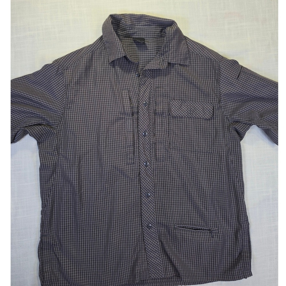 Technical Grey Micro Grid Short Sleeve Utility Hiking Snap Button Shirt Mens